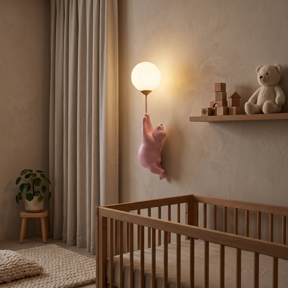 Wall light shaped like polar bear for kids' rooms - pink