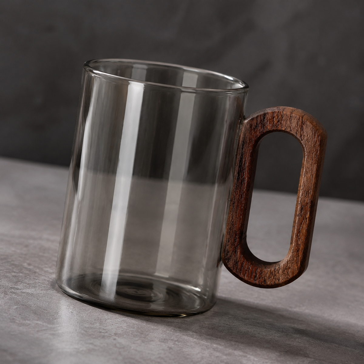 Drinking Glass Cup With Walnut Wooden Handle - gray