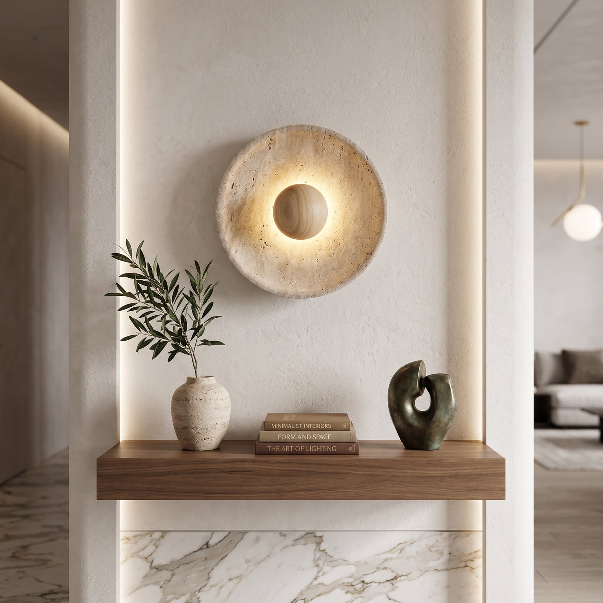 Wall sconce light with textured stone finish - wood
