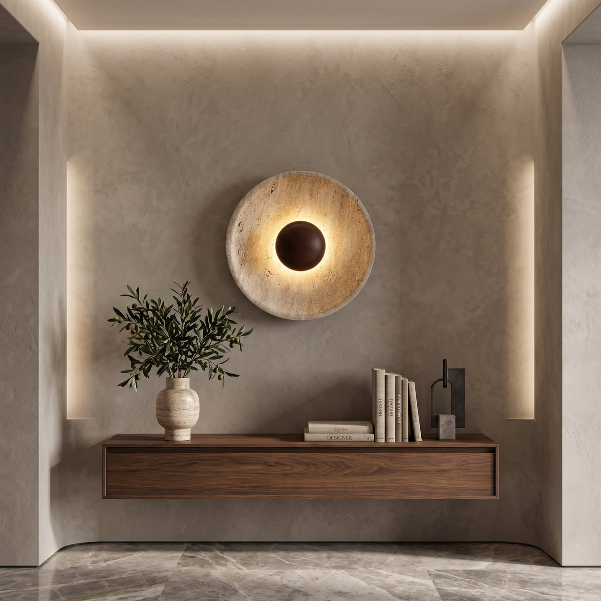 Wall sconce light with textured stone finish - walnut