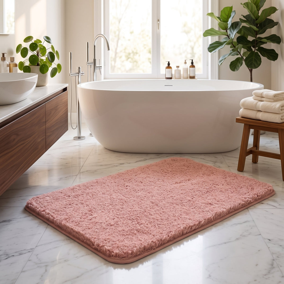 Bath Mat with Long Pile Non Slip Backing - pink