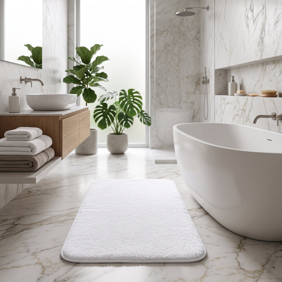 Bath Mat with Long Pile Non Slip Backing - white