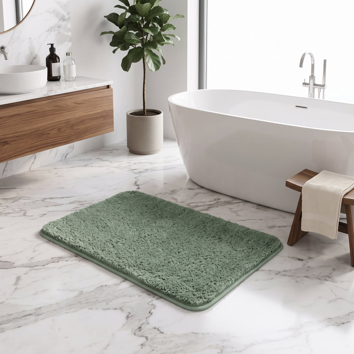 Bath Mat with Long Pile Non Slip Backing - green