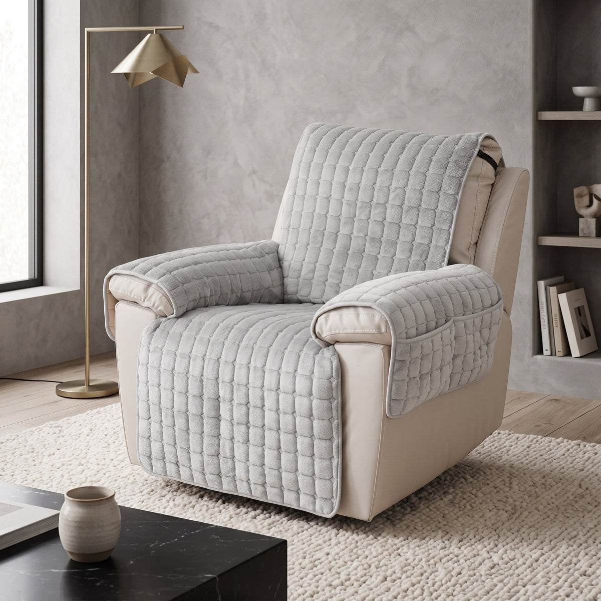 Armchair Cover with Quilted Storage Pockets - gray charcoal