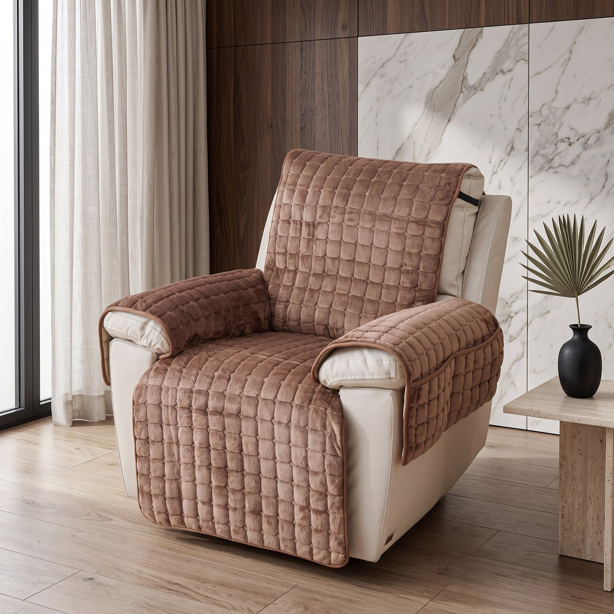 Armchair Cover with Quilted Storage Pockets - mocha