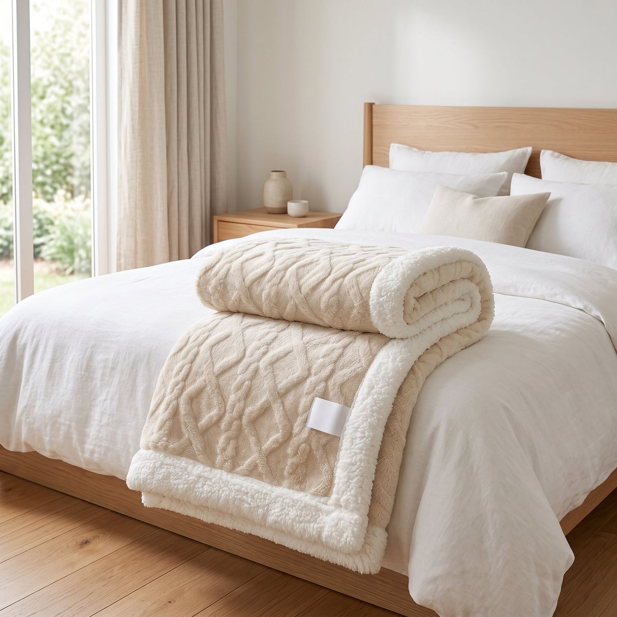 Sherpa Throw Blanket Reversible Winter Design - white cream