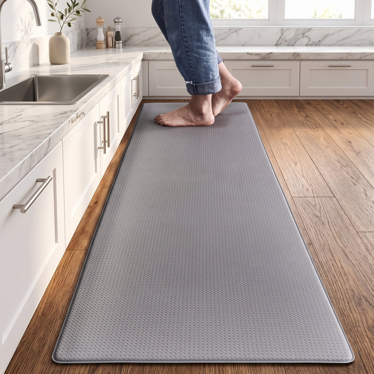 Kitchen floor mat with anti-fatigue cushioning - light gray