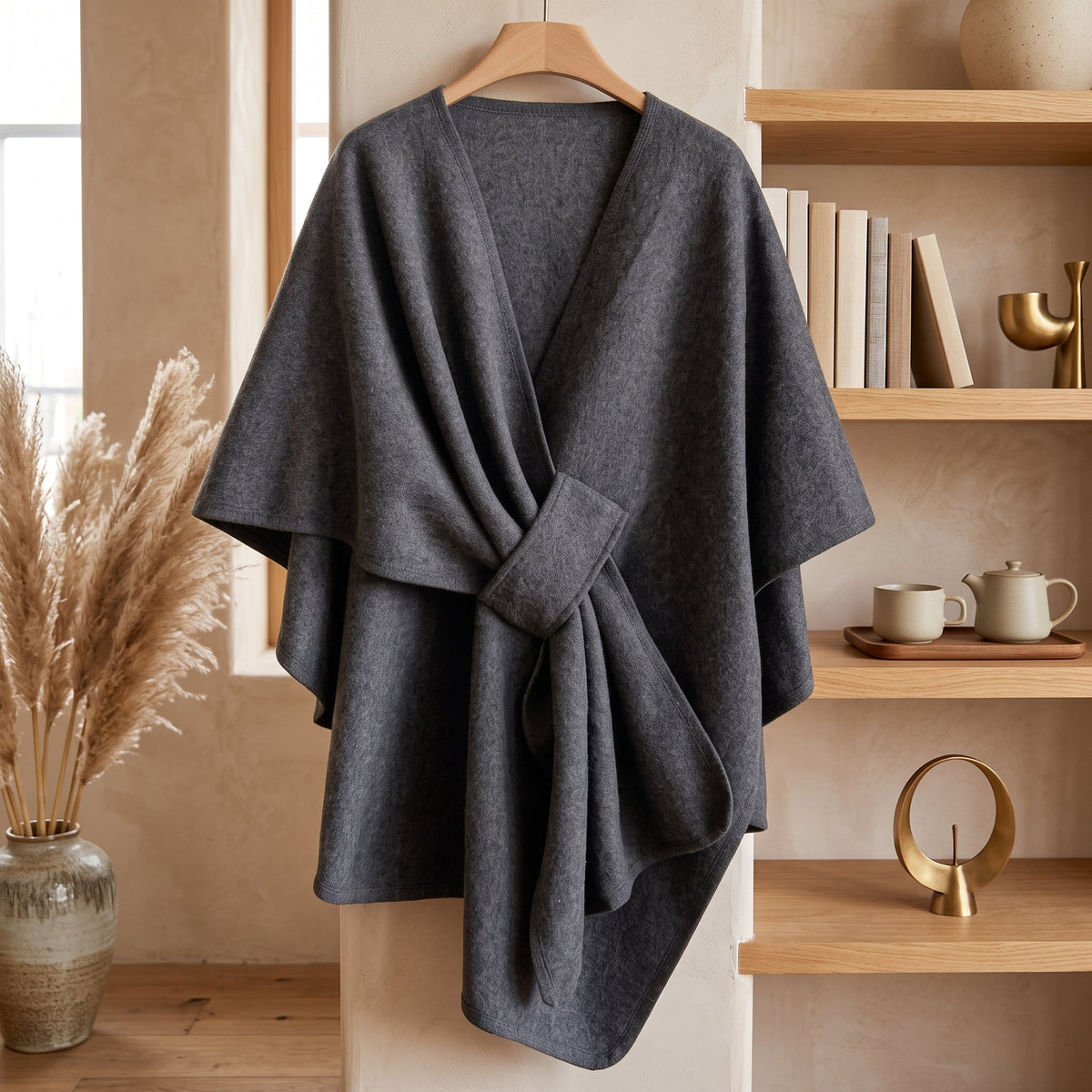 Women's Poncho Shawl Wrap Reversible Winter Style - dark gray