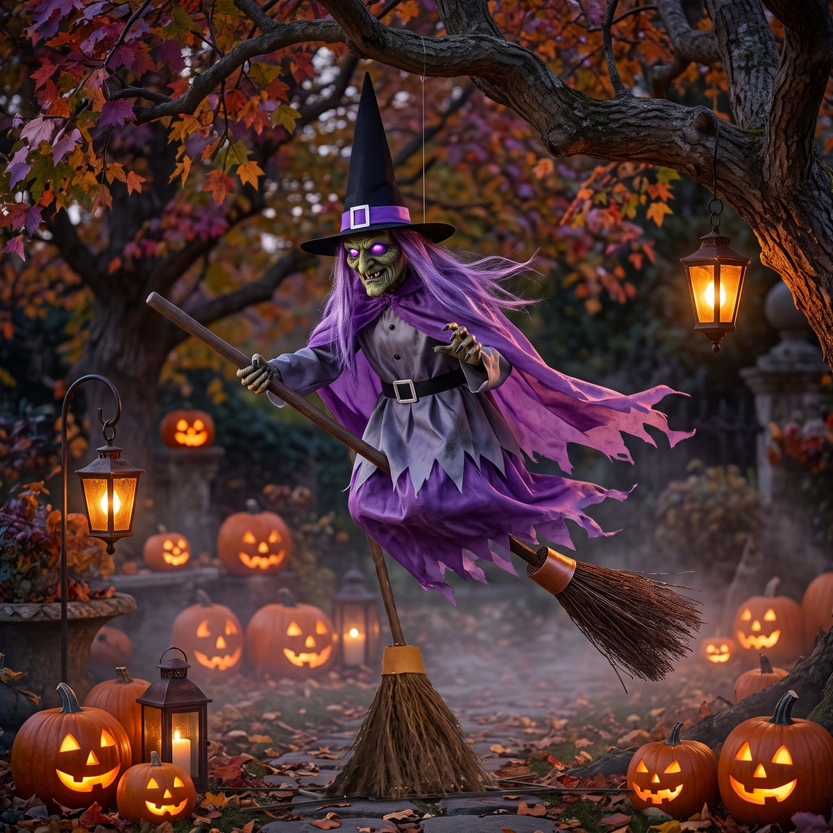 Halloween Decoration with Flying Witch and Light Effects