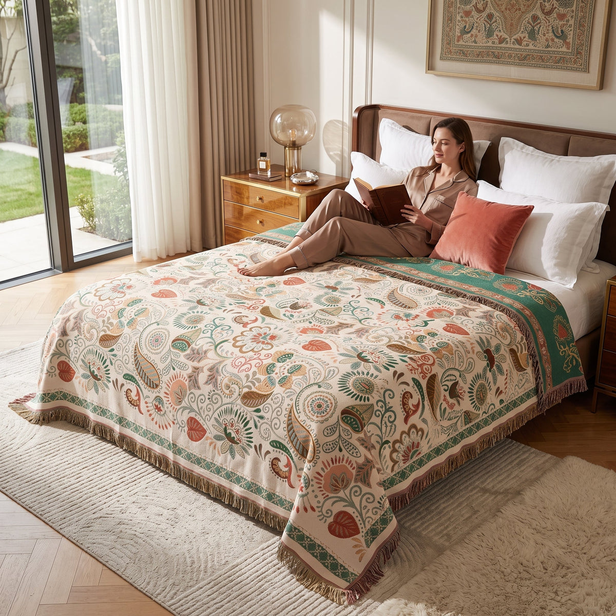 Cotton throw blanket with boho floral pattern