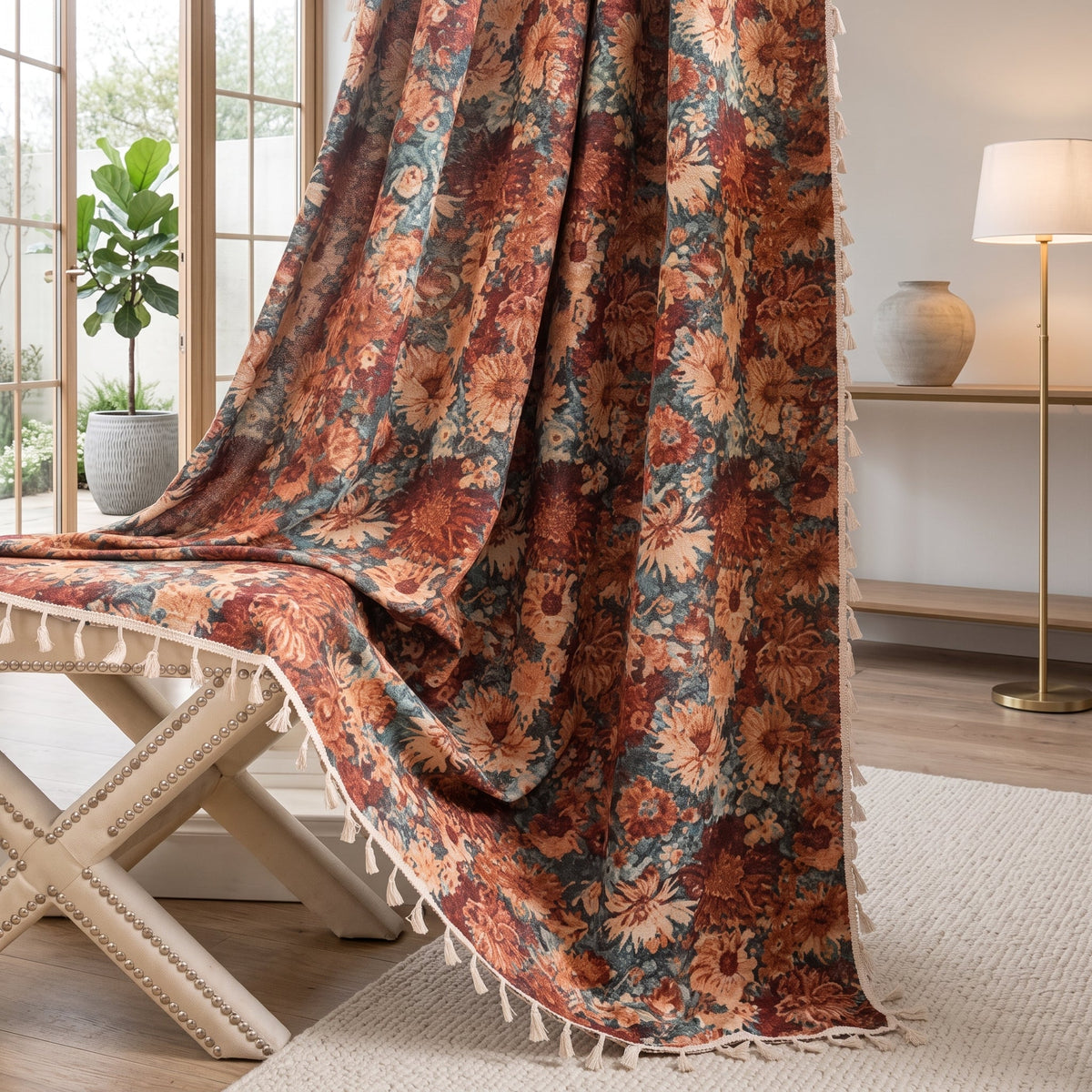 Window curtain panel with botanical floral pattern - beige flower