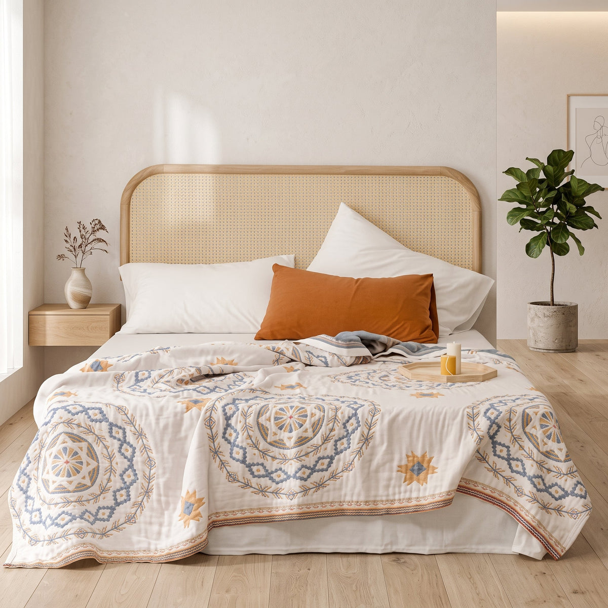 Cotton throw blanket with boho geometric pattern