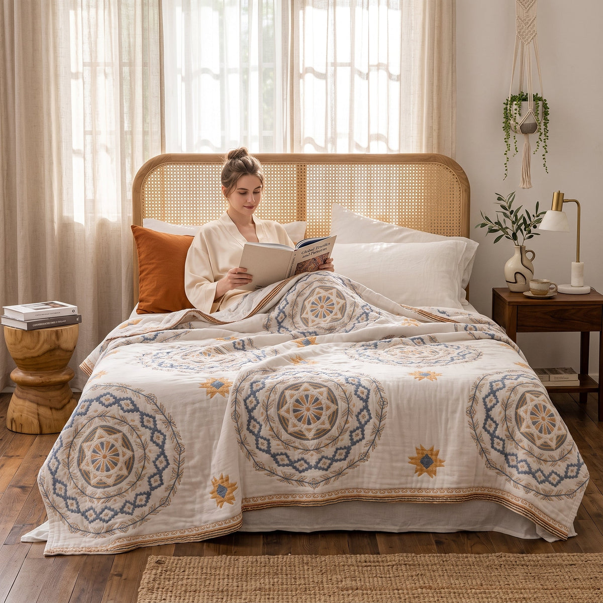 Cotton throw blanket with boho geometric pattern