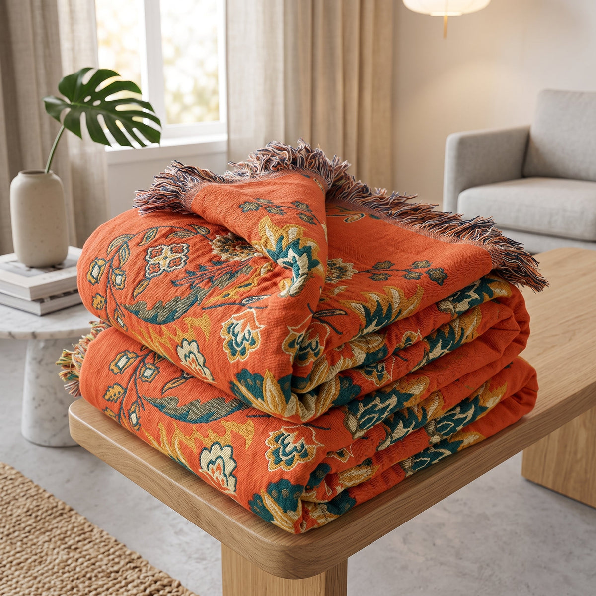 Reversible floral throw blanket for sofa or bed