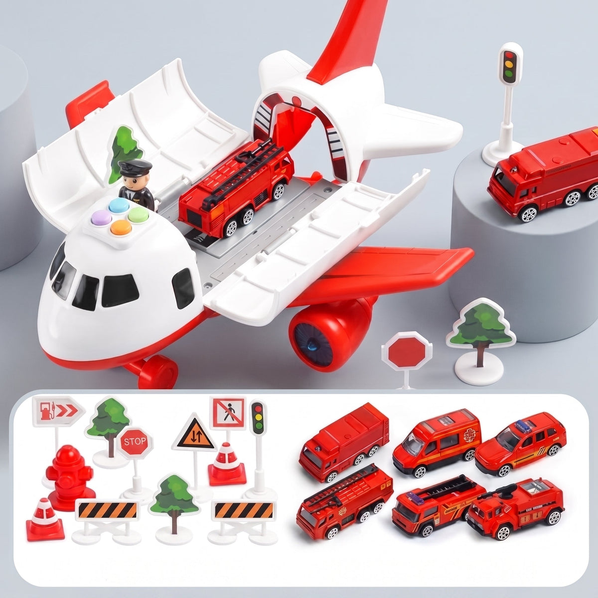 Airport Playset with Transforming Airplane for Kids - red