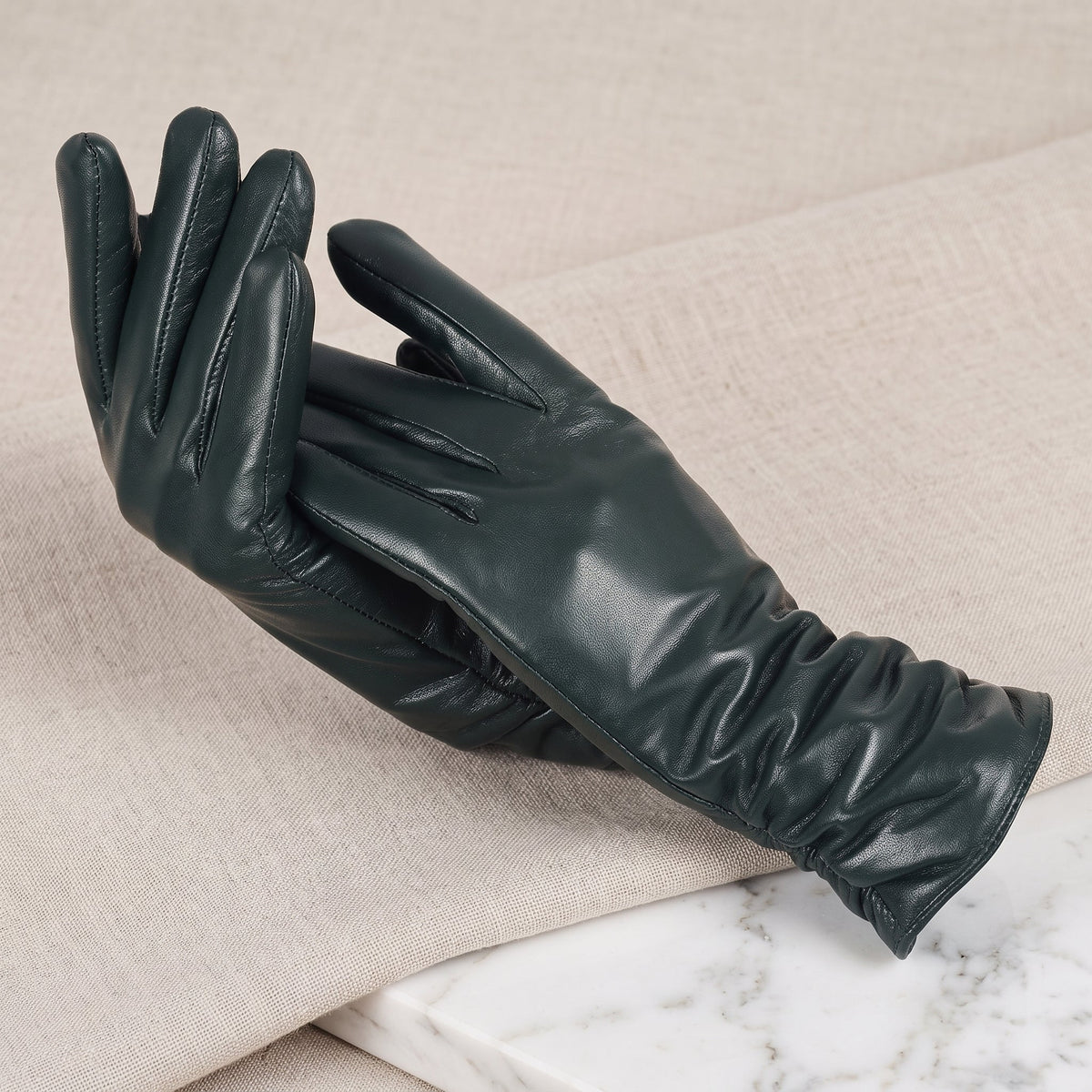 Women's leather winter gloves for driving and walking - dark green
