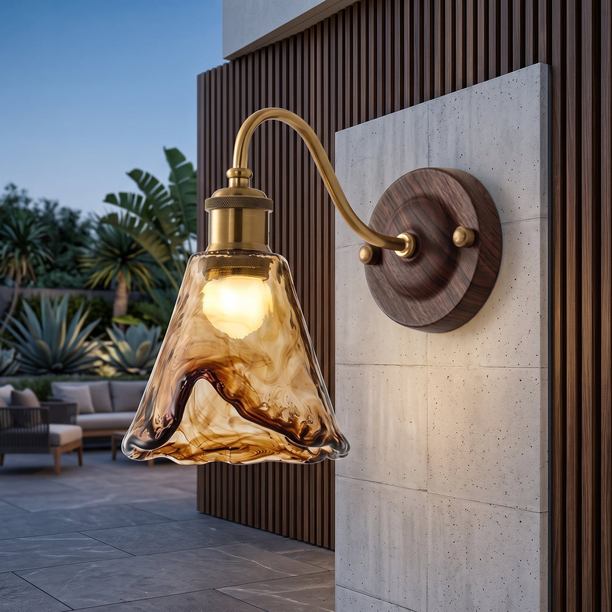 Wall sconce light with scalloped glass shade - amber