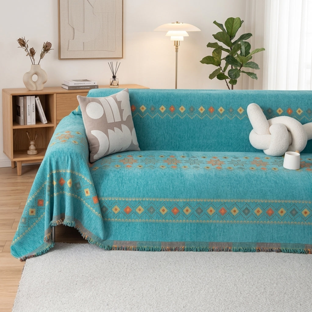 Sofa Cover with Boho Jacquard Pattern and Non-Slip Fit - green