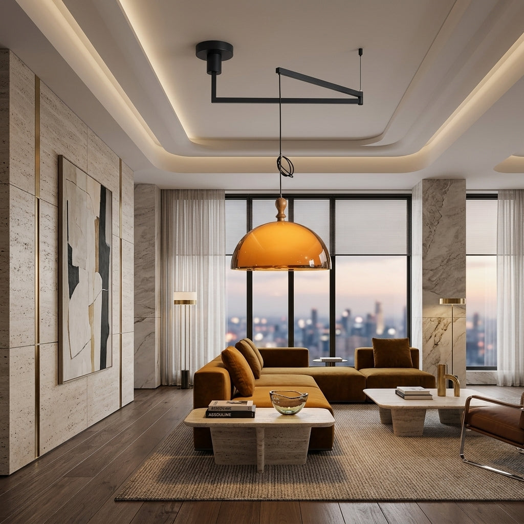 Pendant ceiling light with vintage swing arm - walnut color & brown