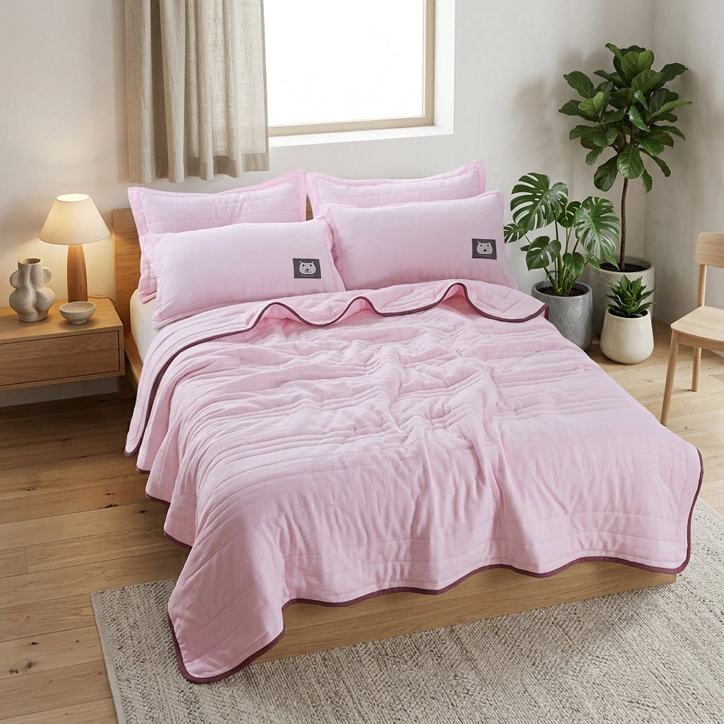 Quilted summer bedspread coverlet for bed - powder pink