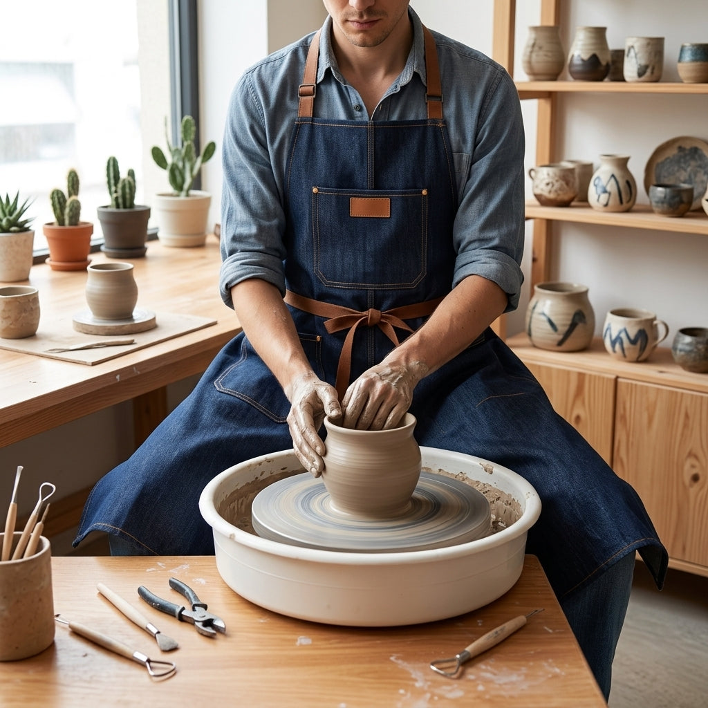 Denim work apron with adjustable fit and split leg design