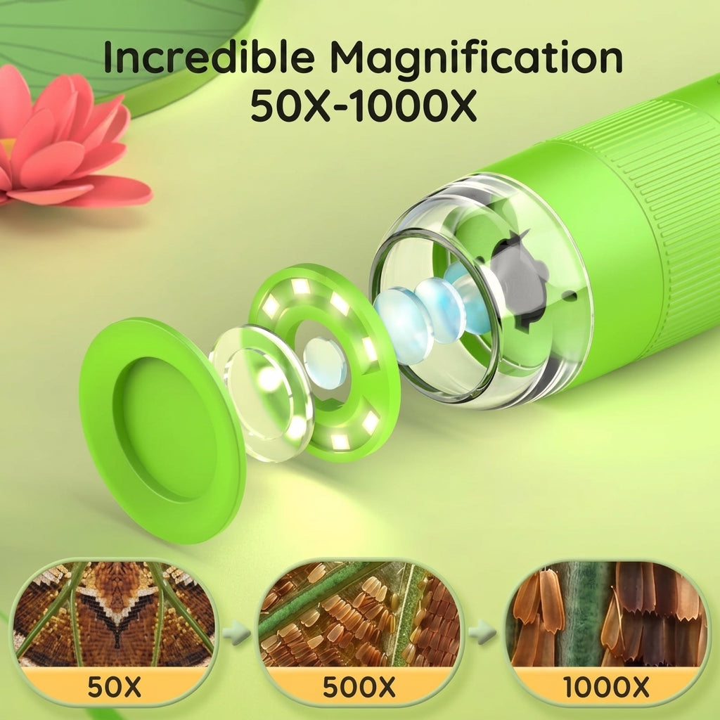 Handheld digital microscope with 1000x magnification and screen