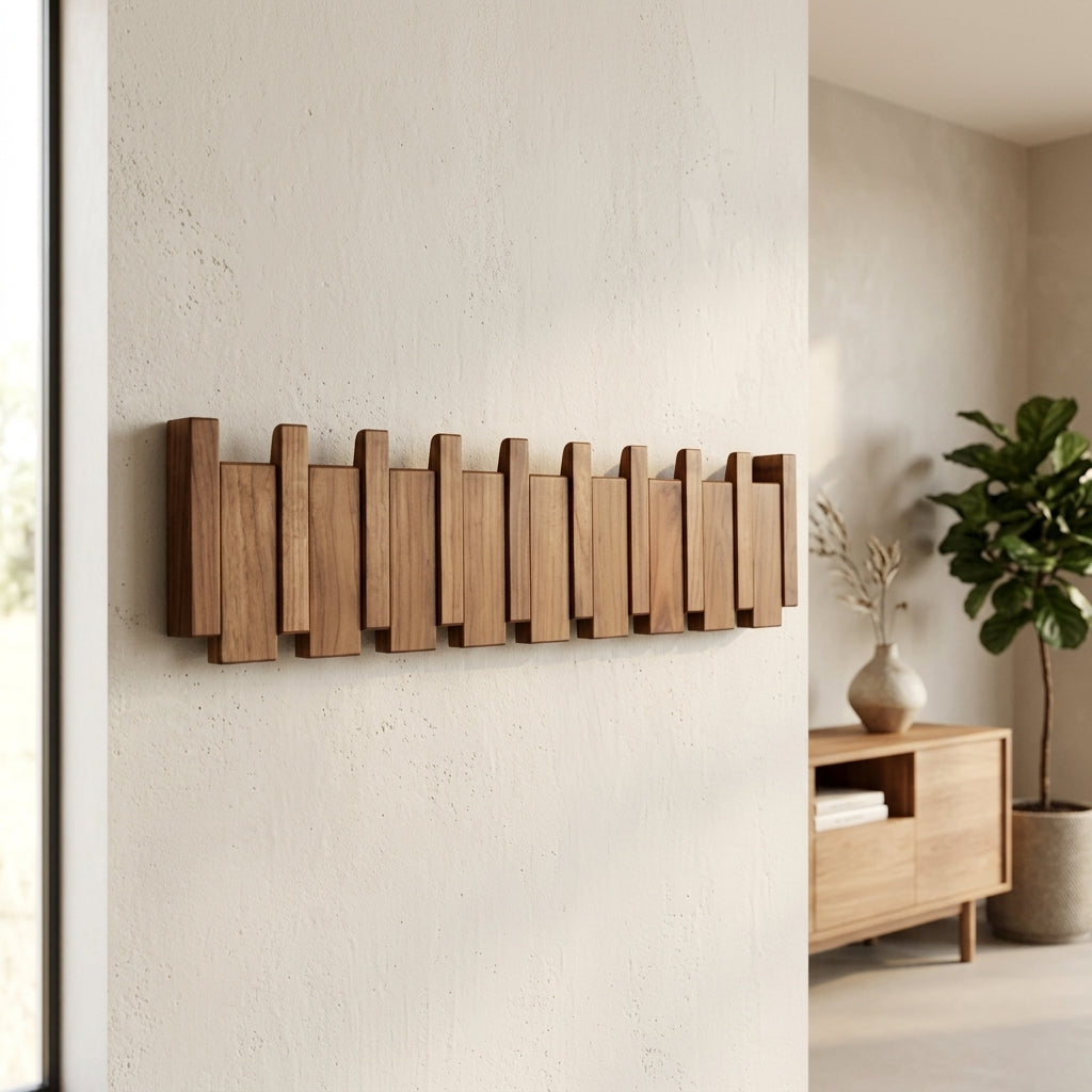 Wooden Wall Coat Rack with Folding Hooks and Entryway Organiser