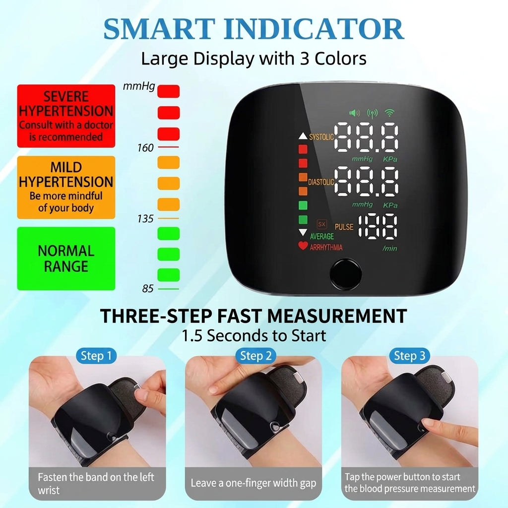 Wrist Blood Pressure Monitor with Voice Prompts and Display