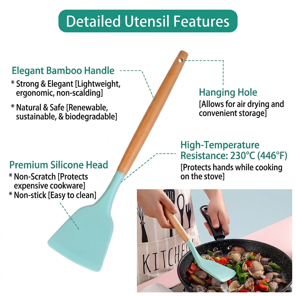 Cooking Utensil Set with Silicone Heads and Wooden Handles