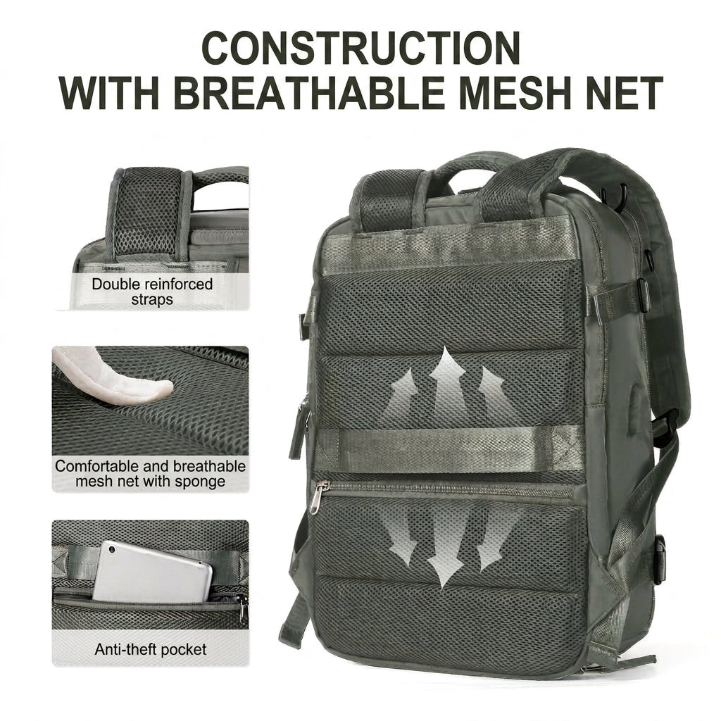 Hiking backpack with multiple compartments and zipped pockets