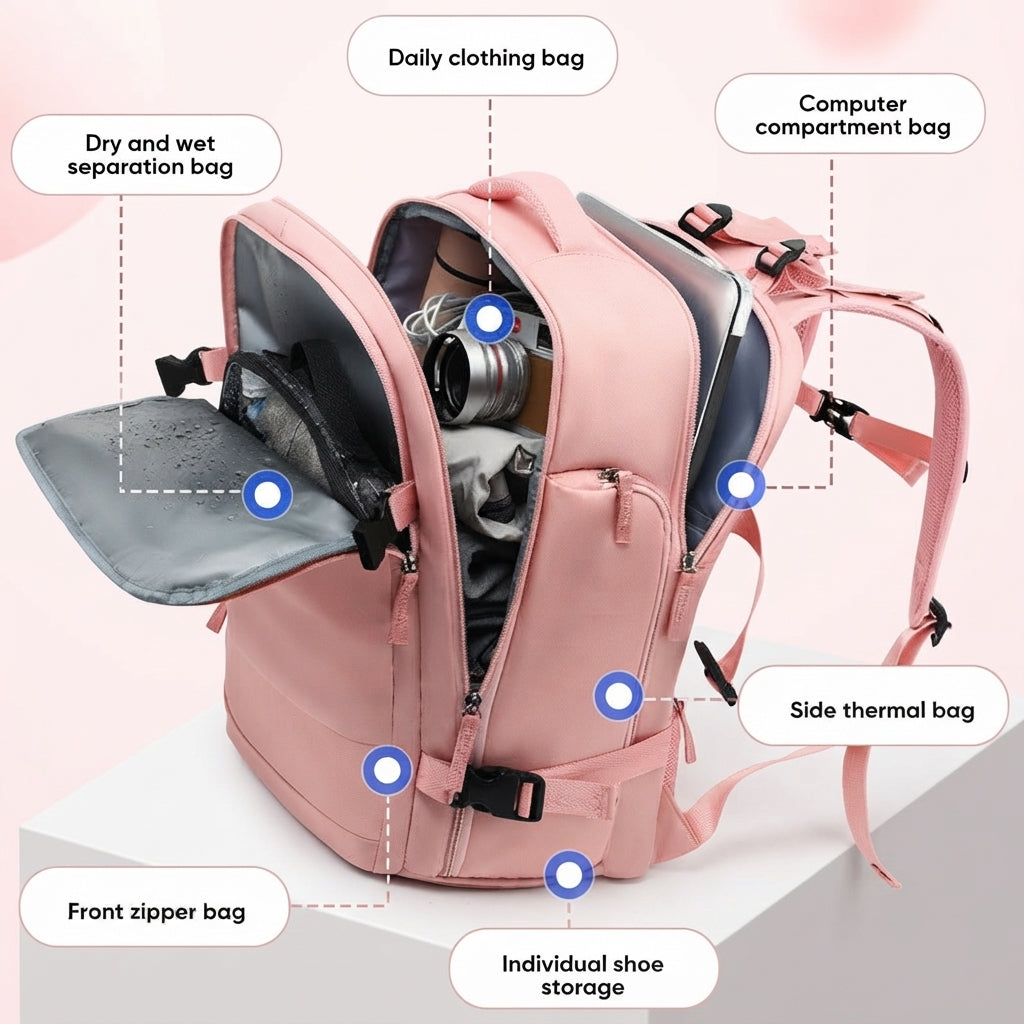 Travel Backpack With Multiple Compartments And USB Charging Port