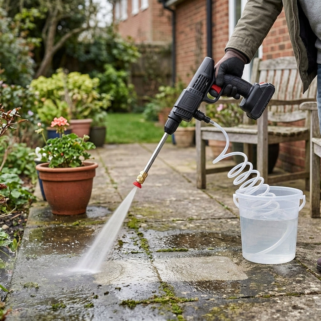 Battery powered spray gun for outdoor cleaning and pet bathing