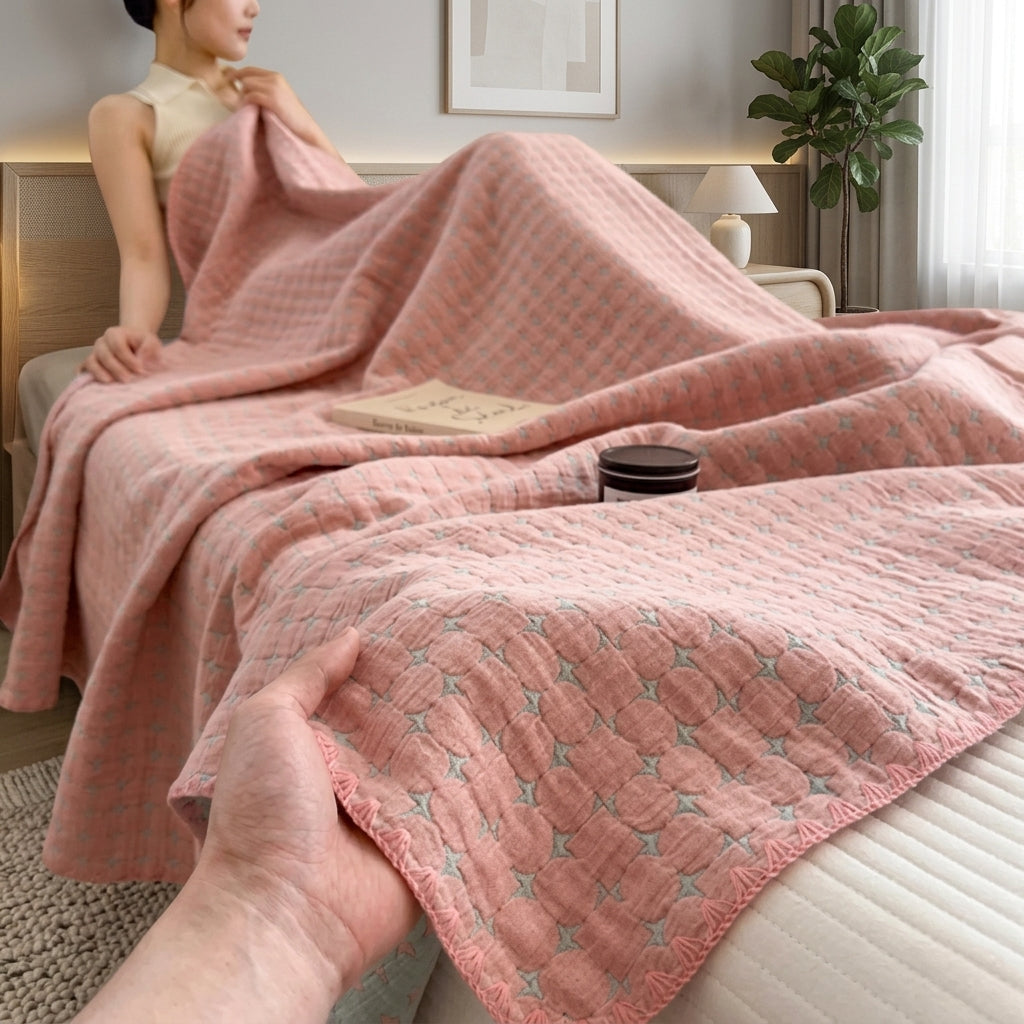 Waffle weave cotton summer throw blanket for sofa bed - quilted red