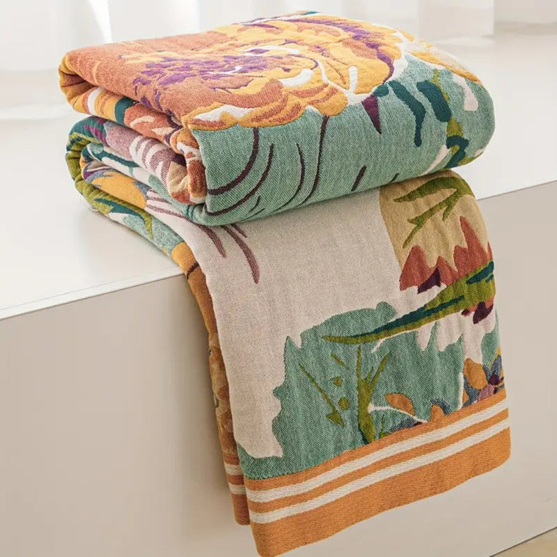 Summer Throw Blanket With Floral Jacquard Pattern