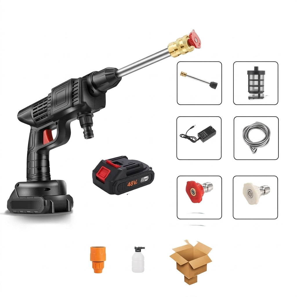 Battery powered spray gun for outdoor cleaning and pet bathing
