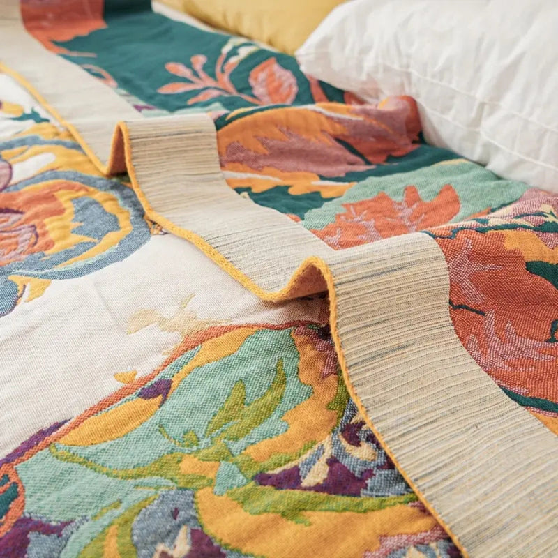 Summer Throw Blanket With Floral Jacquard Pattern
