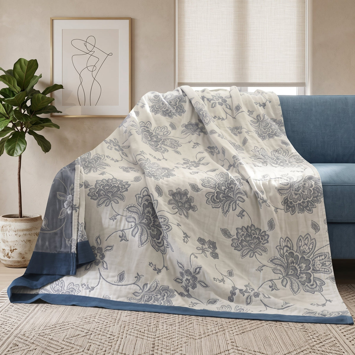Summer Throw Blanket With Floral Jacquard Cotton - blue