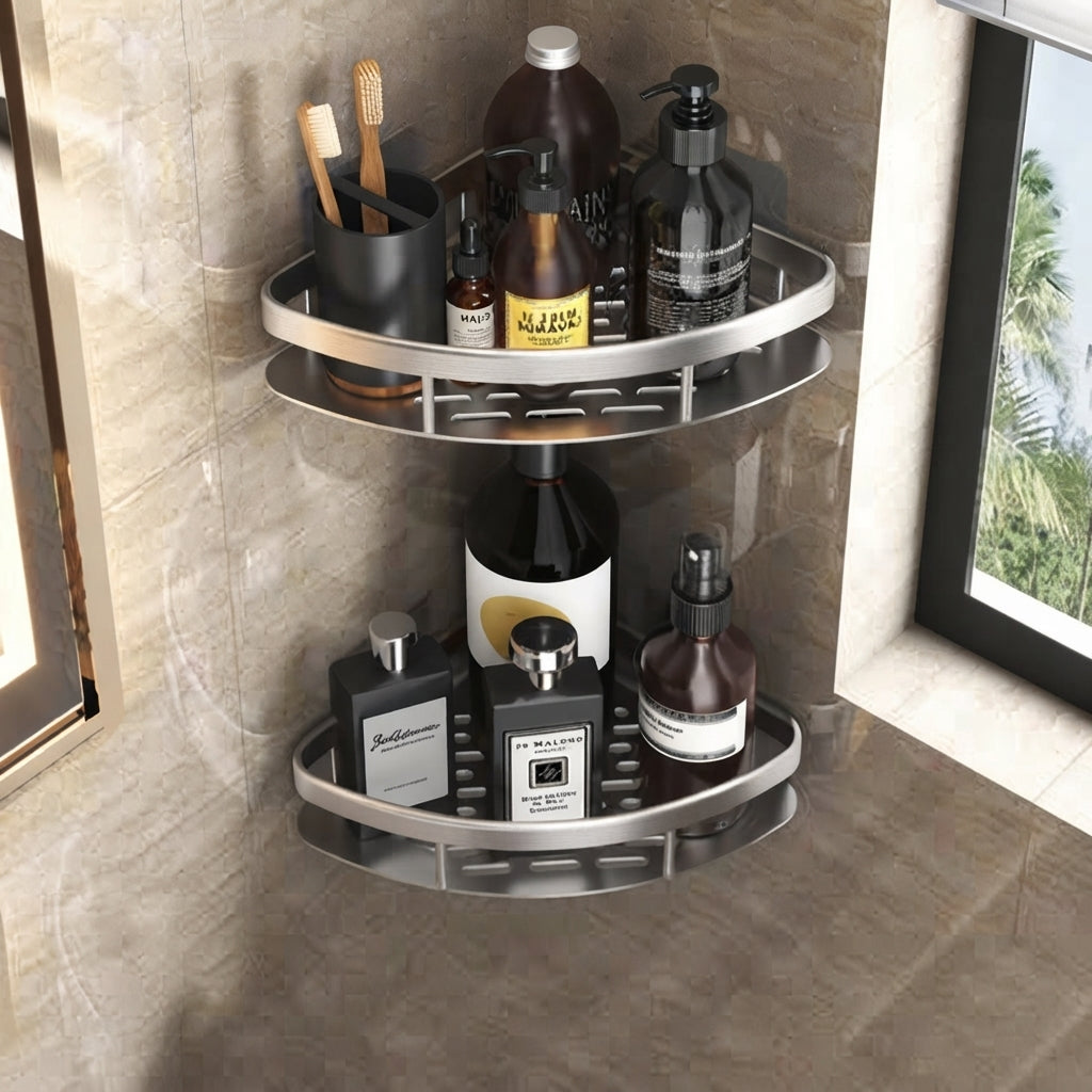 Shower Shelf For Bathroom Corner With Adhesive Fitting - silver