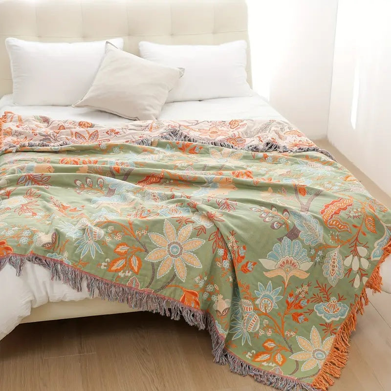 Throw Blanket with Floral Jacquard Fringed Edges