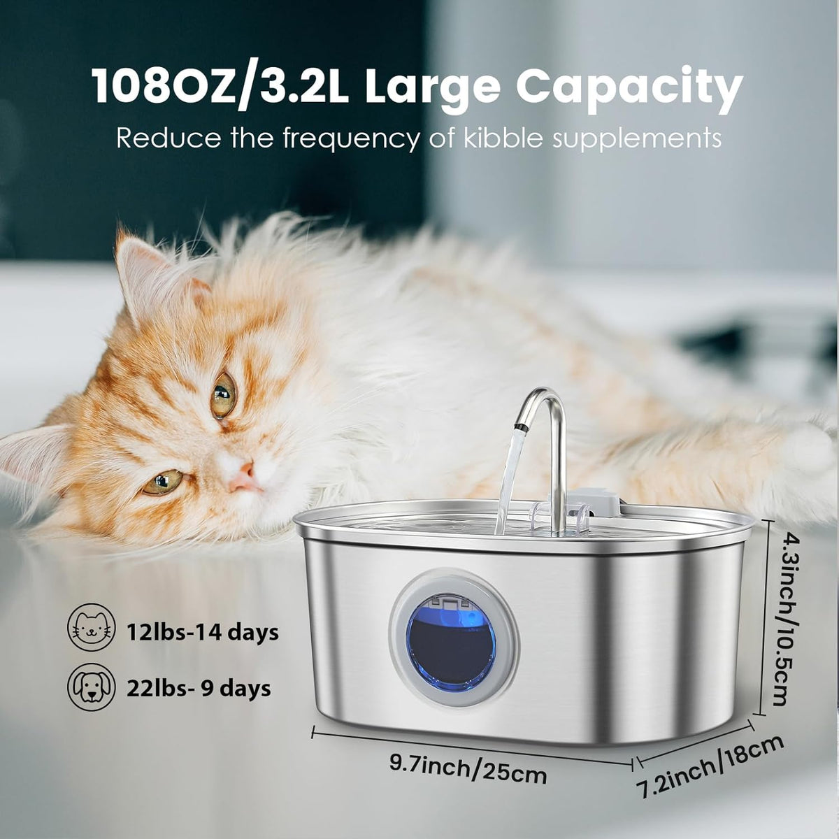 Pet water fountain with stainless steel body and automatic flow