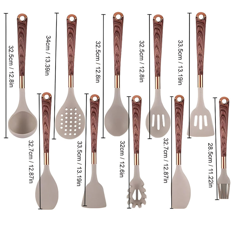 Kitchen Utensil Set With Silicone Heads Wooden Handles