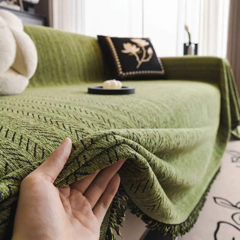 Sofa Cover With Herringbone Pattern and Fringe