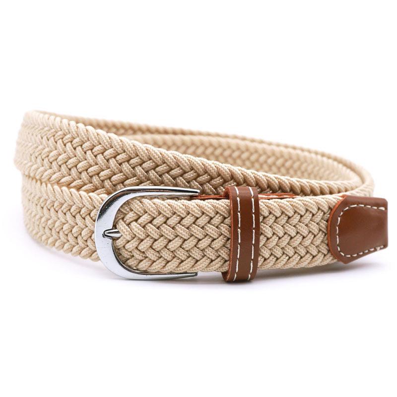 Hole-free elastic belt with metal buckle and woven design - beige