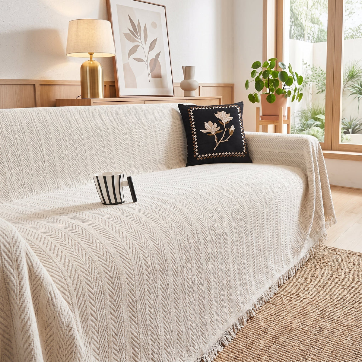 Sofa Cover With Herringbone Pattern and Fringe - light gray