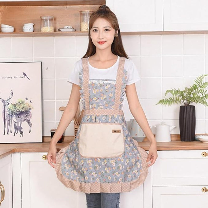 Kitchen Apron With Floral Design and Pocket