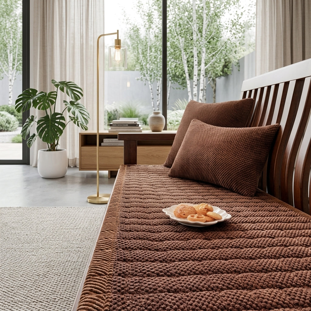 Sofa Protector with Quilted Ribbed Design and Velvet Finish - mocha brown