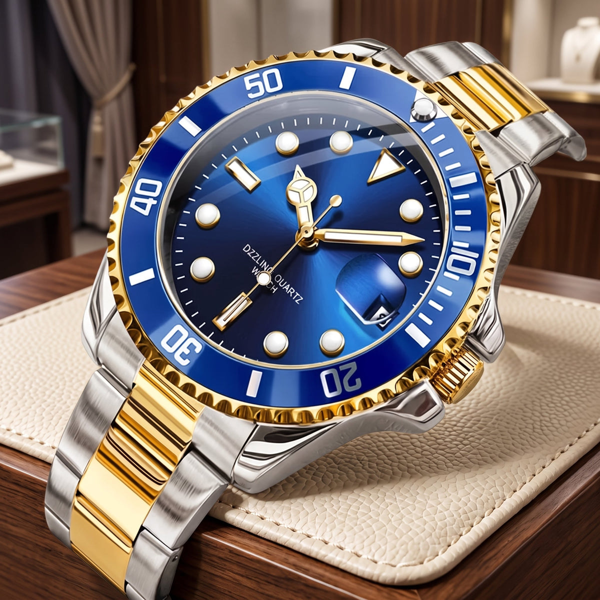 Stainless steel quartz date dress watch for men - gold blue