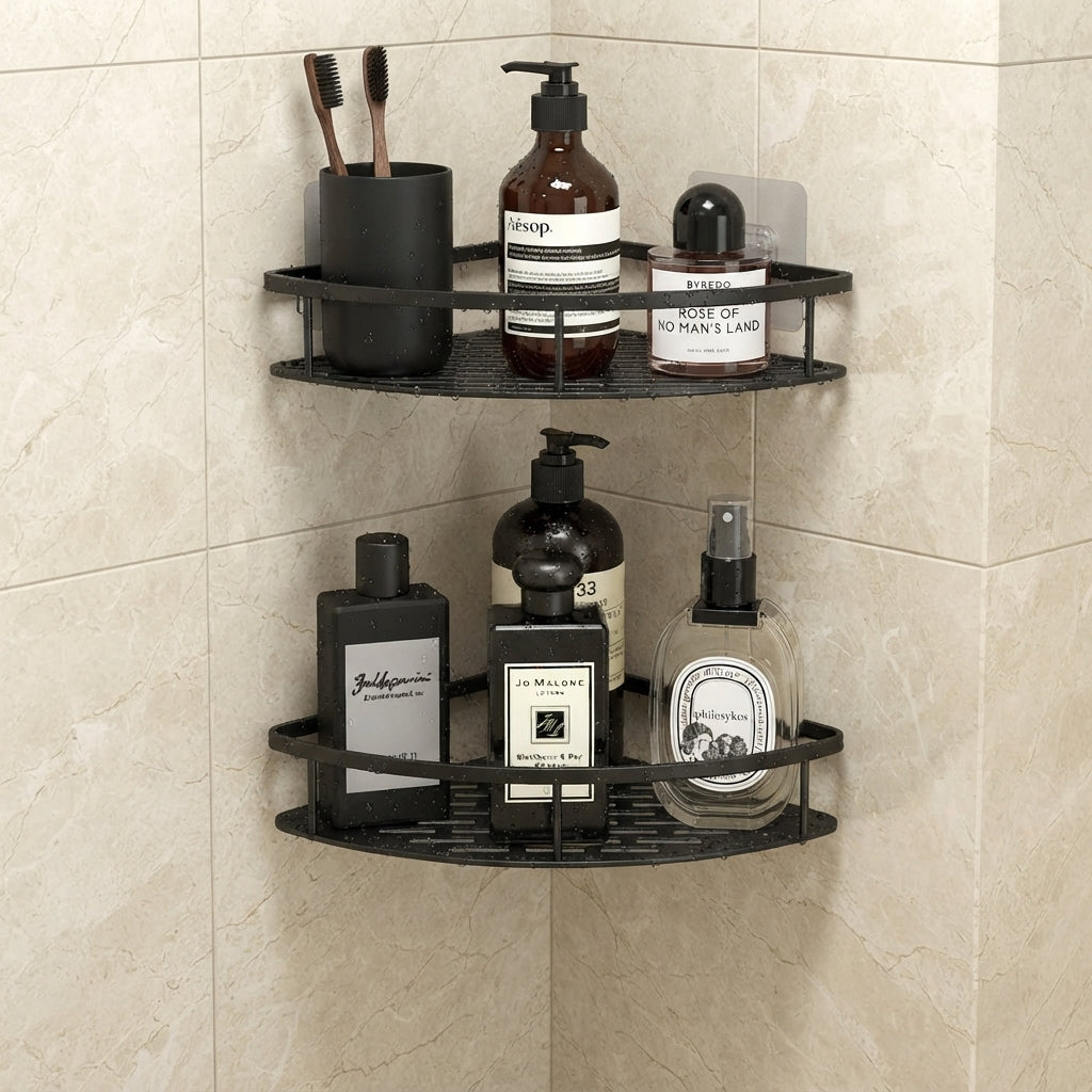 Shower Shelf For Bathroom Corner With Adhesive Fitting - black