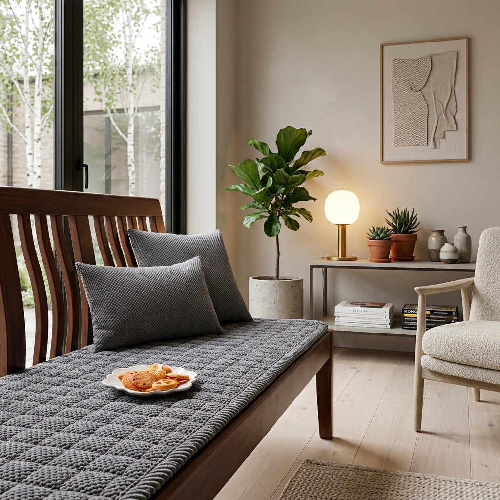 Sofa Protector with Quilted Ribbed Design and Velvet Finish - charcoal gray