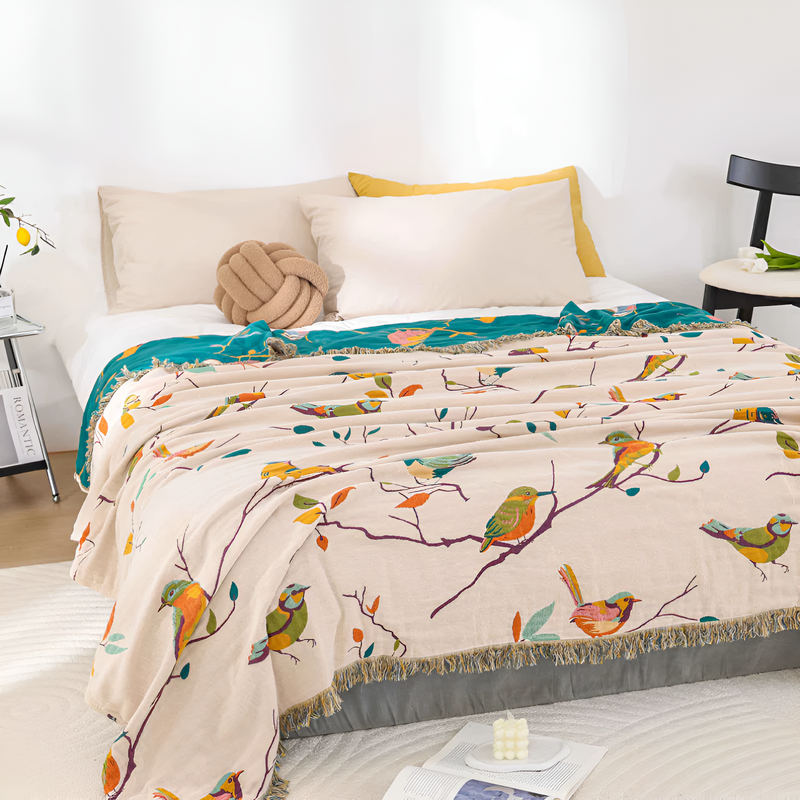 Muslin Throw Blanket With Bird Pattern